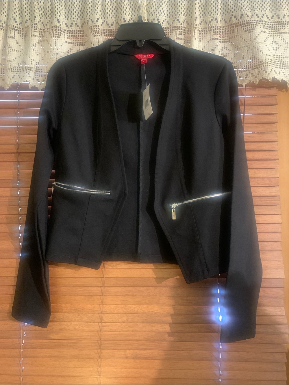 GUESS Black Open-Front Blazer with Silver Zipper Accents